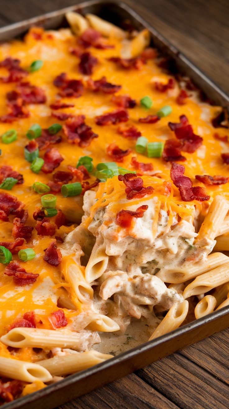 Creamy Chicken Bacon Ranch Pasta Bake A creamy and cheesy Chicken Bacon Ranch Pasta Bake with penne pasta, bacon, and melted cheese, on a rustic wooden table.